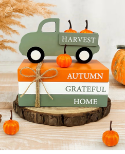 lot 3020 image: Thanksgiving Decorations for Home Indoor, Wooden Farmhouse Harvest Decor Signs with Book Stack, 3D Truck, 5 Pumpkins for Office Table Tiered Tray, Thanksgiving Centerpiece Gifts for Bedroom Desk - Retail $0