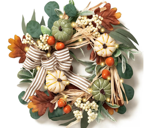 lot 3023 image: Valery Madelyn Fall Wreaths for Front Door Outside, 18 Farmhouse Autumn Door Wreath with Lights White Pumpkins Bow, Outdoor Fall Decorations for Home Porch Thanksgiving Harvest Table Centerpiece - Retail $0