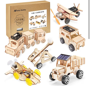 lot 3035 image: STEM Toys for Kids 8-14, 6-in-1 Wooden Model Car Building Kits with Solar Helicopter & Wind Car - Engineering Kits for Boys & Girls Birthday Gifts - Retail $0