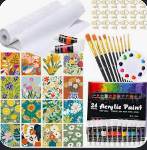 lot 3036 image: Sayglossy 16 Pre Drawn Canvas Roll for Painting 12 x 16  Pre Printed Canvas Sheet for Sip and Paint Party 24 Color Acrylic Painting Kit for Date Night Bulk 10 Paint Brushes 1 Palette 32 Hook Nails - Retail $0