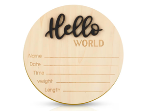 lot 3037 image: Baby Announcement Sign, 5.9 Inch Wooden Hello World Newborn Welcome Sign Birth Baby Name Plaques for Photo Props Baby Shower Hospital Nursery(Black) - Retail $0