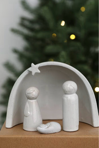 lot 3042 image: WONDROUS DECO Porcelain Nativity Scene Set,4Pcs Ceramic Christmas Tabletop Scene-4.5 Tall,Small Modern Nativity Ornament,Christmas Indoor Decor,Mini Sets&Nativity Figures,Unique Xmas - Retail $0