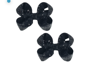 lot 3060 image: Cute 3.8 Black Sparkly Glitter Sequin Hair Bows - Pack of 2 for Little Girls - Retail $0