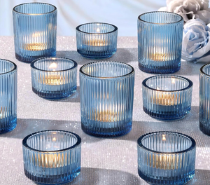 lot 3066 image: NITIME 20pcs Ribbed Blue Votive Candle Holders, Assorted Tea Lights Candle Holder, Blue Glass Candle Holders for Table Centerpiece, Wedding Table Settings and Party Decorations - Retail $0