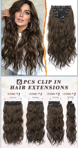 lot 3067 image: BARSDAR Beach Wavy Brown Clip in Hair Extensions �� 20 Inch 6PCS Thick Soft Synthetic Hairpieces, Full Head Clip in Hair Extensions for Women �� Long Voluminous Easy Wear Daily Party - Brown - Retail $0
