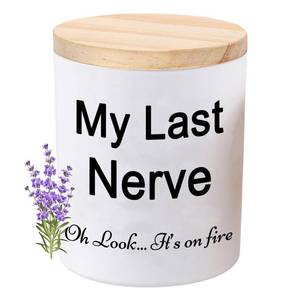 lot 3068 image: BFJLIFE Candles Gifts for Women Funny Unique Mothers Day Christmas Birthday Self Care Relaxation Spa Gag Gifts for Sister Best Friend My Last Nerve Lavender Scented Soy Candle - Retail $10
