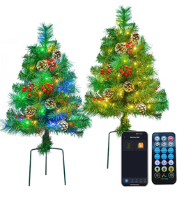 lot 3072 image: Smart Pathway ChristmasTrees, 2-Pack 30inch RGB Pre-Lit LED Artificial Xmas Trees, App Control Battery Operated with Red Berries, Pine Cones - Retail $0
