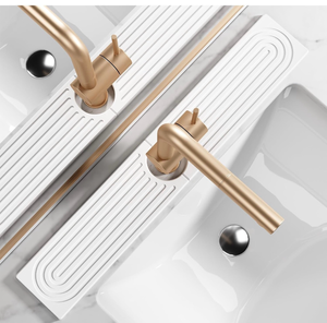 lot 3073 image: Stone Faucet Mat for Kitchen Sink - Quick Dry Diatomite Sink Splash Guard, Prevents Moisture Buildup & Water Stains, Water Absorbing Stone Tray for Bathroom Countertop (White, 23.6 x 4) - Retail $0