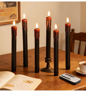 lot 3075 image: Eywamage Black Bleeding Flameless Taper Candles with Remote, Halloween LED Candlesticks Battery Operated Set of 6 - Retail $0