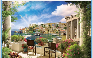 lot 3078 image: Italy Coastal City Backdrop Tuscany Garden Terrace View of Mediterranean Bay Background Roman Columns Background Spring Flowers Boat Seaside Old City Cafe Restaurant Studio Props 10x6.5ft - Retail $0