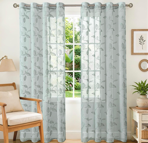 lot 3082 image: BGment Sage Green Sheer Curtains 84 Inches Long - Embroidered Leaf Pattern Light Filtering Cottage Core Botanical Semi Sheer Grommet Window Drapes for Farmhouse Living Room, 2 Panels, 52 x 84 Inch - Retail $0