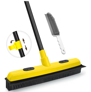 lot 3095 image: JEHONN Rubber Broom with Squeegee, Pet Hair Remover 52.8 inches Long Handle, Push Fur Removal Tool with Portable Detailing Lint Brush for Fluff Carpet, Window, Tile, Hardwood Floor Cleaning (Yellow) - Retail $0