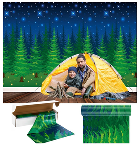 lot 3102 image: ZJRBJB 10x8ft Forest Mountain Camping Decorations Backdrop RV Camping Party Campfire Tent Background Night Camper Outdoor Travel Starry Sky Adventure Party Camp Birthday Party Banner Photo Booth - Retail $0
