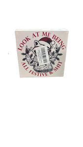 lot 3111 image: LTERNZAIYAKI Funny Christmas Raccoon Wooden Box Sign Desk Decor, Gifts for Raccoon Lovers, Look At Me Being All Festive Xmas Wood Block Signs for Home Office Desk Table Shelf Decorations, 5x5 Inch - Retail $0