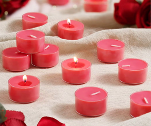 lot 3134 image: DEVI Strawberry Cream Scented Tea Lights Candles 96 Pack, 3.5-4 Hours Natural Palm Tea Candles Bulk for Home Scented, Red Small Votives with Essential Oils for Home Aromatherapy, Valentine Decorations - Retail $0