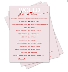 lot 3147 image: Pink Bridal Shower Game Set, Would She Rather Game, Wedding Games Cards For Reception, Bridal Shower Games 30 Guests for Engagement Wedding Party - A011 - Retail $0