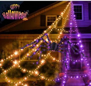 lot 3156 image: Halloween Decorations Outdoor Spider Web Lights with Glowing Spider - 2 Colors Remote Control Timer Plug in Giant Halloween Decor Cobwebs - 11 Modes Lighting Waterproof Yard Garden Party Decorations - Retail $0