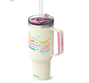 lot 3166 image: Ottle Deep Sea Diver 40 oz Insulated Tumbler with Handle and Straw Lid - Leak Proof, Cupholder Friendly Travel Mug - Stainless Steel Double Wall Water Bottle for Hot and Cold Drinks - Wavy Daisies - Retail $0