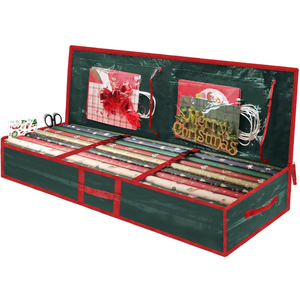 lot 3168 image: Christmas Gift Wrapping Paper Organizer Storage Bags,Plastic Container for Holiday Supplies & Accessories, Gift Bag Organizer, Under Bed Wrapping Paper Storage (Green) - Retail $0