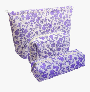 lot 3175 image: 3 Piece Purple Quilted Floral Makeup Bag Set Small Cosmetic Bag For Women Cute Cotton Makeup Pouch For Purse - Retail $0