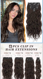 lot 3177 image: BARSDAR Beach Wavy Dark Brown Clip in Hair Extensions �� 6 PCS Dark Brown Wavy Clip in Hair Extensions for Women - Thick Soft Synthetic Full Head Long Voluminous Easy Wear Hairpieces Daily Party - Retail $0