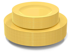 lot 3182 image: POSATE 60PCS Yellow Disposable Plastic Plates, Heavy Duty Plates for WeddingParty, 30PCS Dinner Plates 10.25���� and 30PCS DessertSalad Plates 7.5����, Yellow Plates for Party Event - Retail $0