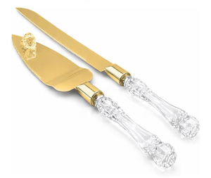 lot 3184 image: Adorox Elegant Cake Knife and Server Set - Stainless Steel with Crystal Handle - Perfect for Weddings & Anniversaries,and Special Celebrations (Gold) - Retail $0