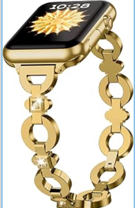 lot 3186 image: TAURI Metal Band for Apple Watch Bands 38404142mm, Adjustable Bling Diamonds Strap Fashion Cute Chain Thin Bracelet for iWatch SE 32, Series 987654321, Women- Gold - Retail $0