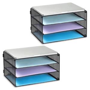 lot 3078 image: DALTACK 3 Tier Letter Tray Paper Organizer for Desk, Mesh Metal Desk File Organizer with Sliding Trays for LetterA4 Paper, Mail, Bills & Folders, 2 Pack, Black
