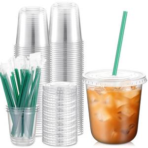 lot 3087 image: Baderke 25 Set Plastic Cups with Lids and Straws, Disposable Plastic Iced Coffee Cup for Cold Beverage Juice Smoothie Crystal for Coffee Shops Party Catering(Clear,12 oz)