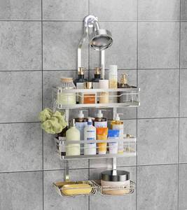 lot 3088 image: OMAIRA Shower Caddy Hanging with Soap Scrub Holder, Stainless Steel Adjustable No Drilling Non-Slip Large Capacity Sturdy Over Shower Head Shower Organizer Inside Shelves Bathroom Storage Rack, Silver