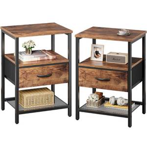 lot 3098 image: Huuger Nightstand Set of 2, Night Stand with Fabric Drawer, Mesh Shelf, Side Table with Storage, Fabric Drawer Dresser, Open Shelf, Metal Frame, Bedroom, Rustic Brown