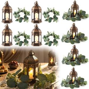 lot 3100 image: Teecyhooo 8 Sets 7in Large Vintage Ramadan Lantern, LED Candle Lantern Decorative with Artificial Eucalyptus Candle Rings for Wedding Centerpiece Decor Party Table Decorations Valentines Day Decor