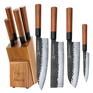 lot 3112 image: FAMC�TE Japanese Knife Block Set, Hand Forged 5-Layer 9CR18MOV Clad Steel Ultra Sharp Kitchen Knives with Wooden Storage & Rosewood Handle, Includes Chef, Santoku, Nakiri, Fruit Knife for Home MomDad