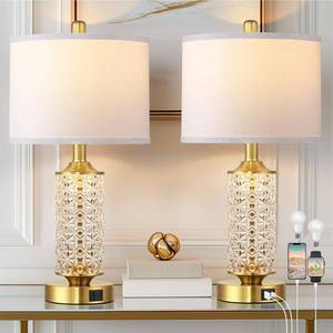 lot 3118 image: QiMH Set of 2 Table Lamps with USB AC Ports, Modern Bedside Lamp with LED Night Light, Bedside Lamp for Bedroom, Nightstand Lamps for Living Room Office (Gold)(2 Bulbs Include)