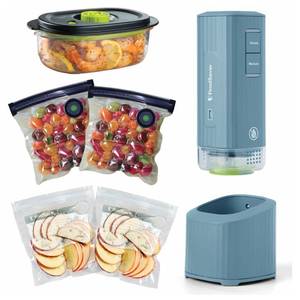 lot 3129 image: FoodSaver Mini Handheld Vacuum Sealer Machine with Marinate Setting & Charging Dock, Cordless Food Vacuum Sealer for Freezer, Storage, Sous Vide, Meal Prep, Blue