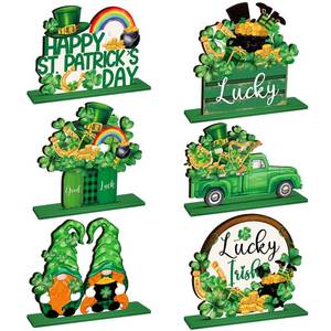 lot 4072 image: CroBlissful 6 Pcs St. Patricks Day Table Decorations Wooden Irish Table Centerpieces Patricks Day Clover Car Gnome Table Signs Patrick Decorations for Home Tiered Tray Decor