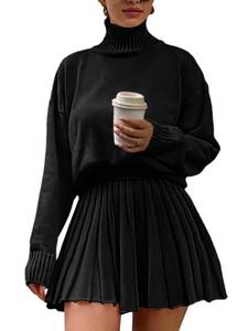 lot 4078 image: Jenisso Womens 2 Piece Outfits Turtleneck Long Sleeve Oversized Pullover Sweaters And Pleated Mini Skirt Two Piece Sets Small