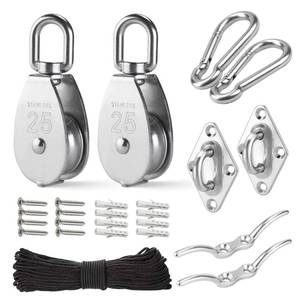 lot 4088 image: LAIWOO M25 Stainless Steel Pulley System Kit-Heavy-Duty Pulley Wheel, Pulley Block with Nylon Rope, Hooks, Eye Pad Plate, and Rope Cleat - Ideal for Lifting, DIY Projects, and Clothesline (2 Pack)