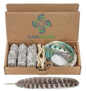 lot 4106 image: Sage Smudge Kit - White Sage Smudge Sticks - 4in  Abalone Shell 5-6in  2in Tripod Stand  9-12in Feather and White Sand