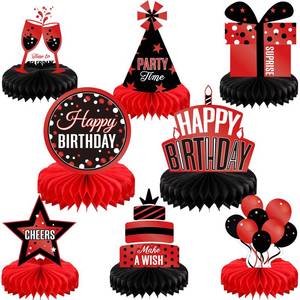 lot 4119 image: Pajean 8 Pieces Red and Black Birthday Party Honeycomb Centerpieces Red Black Table Centerpieces Decorations Table Centerpiece Sign for Kids Adults Party Supplies