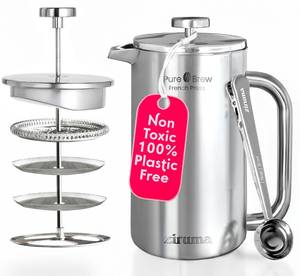 lot 4140 image: Ziruma Non-Toxic French Press, Surgical Stainless Steel Coffee Press, Plastic-Free, Heavy Metal-Free, No Endocrine Disruptors, 34 Oz, Double Wall, 4-Layer Filter, Portable Coffee Maker