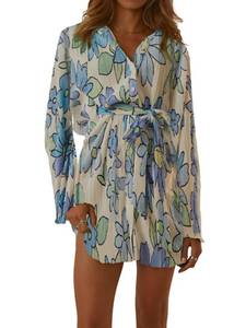 lot 4156 image: LYANER Womens Collar V Neck Button Down Pleated Long Sleeve Mini Shirt Dress with Belt Blue Flower Small