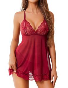 lot 4162 image: Avidlove Lingerie for Women Sheer Babydoll Dress Sexy Nightgowns Lace Trim Sleepwear Mesh Boudoir Outfits Wine Red X-Large