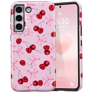 lot 4164 image: DEFBSC Case for Samsung Galaxy S22, Cute Pink Bow Cherry Print Aesthetic Trendy Pattern for Women Girls Slim Durable Bumper Shockproof for Samsung Galaxy S22 Case, Pink RibbonGlossy
