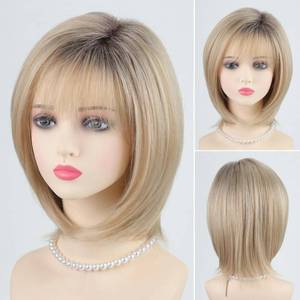 lot 4182 image: RENERSHOW Layered Blonde Bob Wig with Bangs Short Hair Wigs for White Women Natural Ombre Blond Straight Heat Synthetic 12 Inch Medium Length Bobo Adjustable Average Cap Daily to Party Tangle-Free