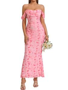 lot 4187 image: KUTUMAI Off The Shoulder Maxi Long Dress Corset Ruched Bodycon Cocktail Formal Wedding Guest Dresses for Women PinkFloral XS