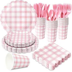 lot 4191 image: 175 PCS Pink Gingham Party Supplies Includes Pink Gingham Paper Plates, Cups, Napkins, Cutlery for Baby & Bridal Shower, Wedding, Birthday Party, Outdoor Picnic, Serves 25