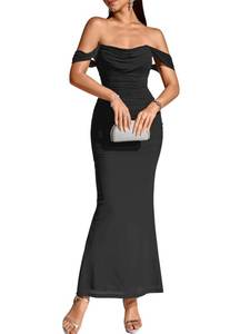 lot 4192 image: KUTUMAI Off The Shoulder Maxi Long Dress Corset Ruched Bodycon Cocktail Formal Wedding Guest Dresses for Women Black M