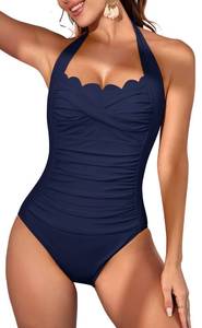 lot 4259 image: Eomenie Women One Piece Tummy Control Swimsuit Halter Scallop Trim Bathing Suits 1 Piece Vintage Ruched Slimming Swimwear Dark Blue XL